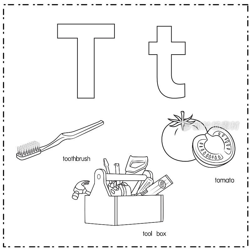 向量插图学习字母T的小写和大写的儿童与3卡通图像。牙刷工具箱西红柿。