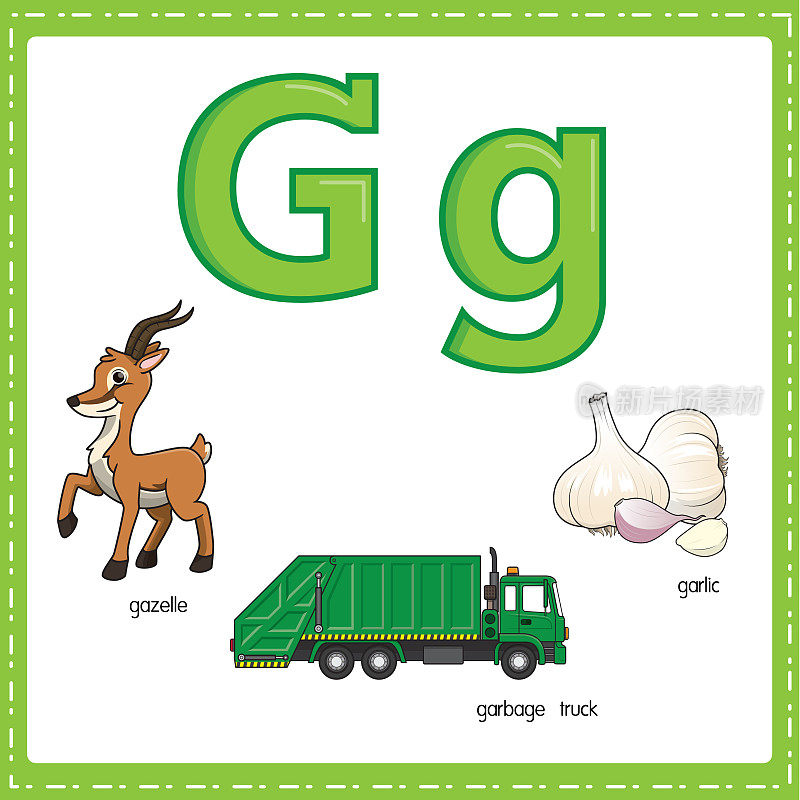 向量插图学习字母G的小写和大写的儿童与3卡通图像。瞪羚垃圾车大蒜。