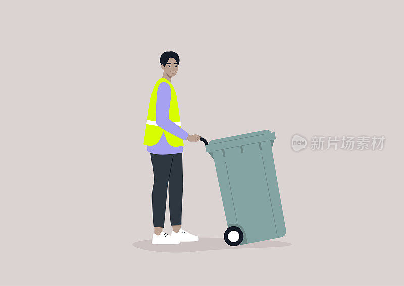 一个年轻的亚洲男性角色收集垃圾桶，公用事业服务，环境对话，一个塑料垃圾桶在轮子上