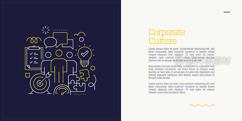 图解企业文化概念向量集。线条艺术风格的网页，横幅，海报，印刷等背景设计。矢量插图。