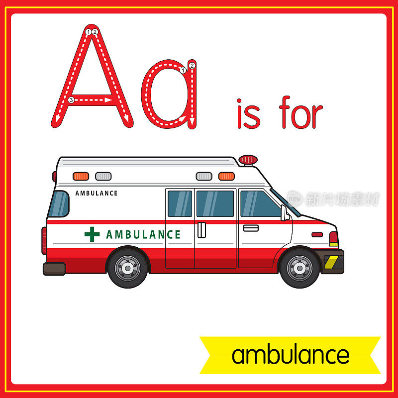 矢量插图学习字母为儿童与卡通形象。字母A代表救护车。