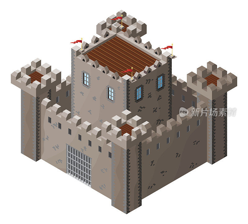 中世纪石头城堡的等距图标。矢量插图。