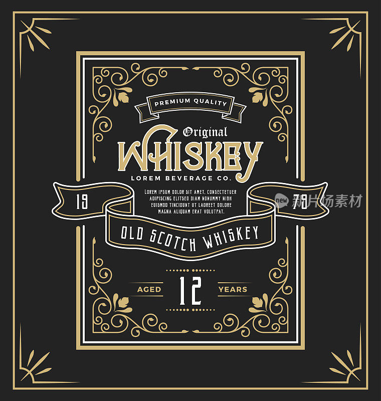 威士忌和饮料产品的老式框架标签
