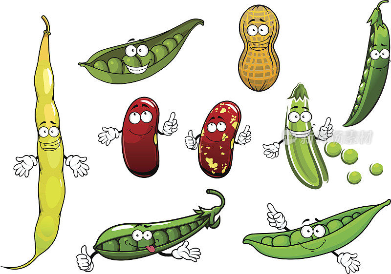 卡通孤立的豌豆，豆类和花生