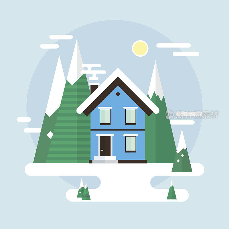 向量冬季景观。平面设计。山，建筑，树和雪。
