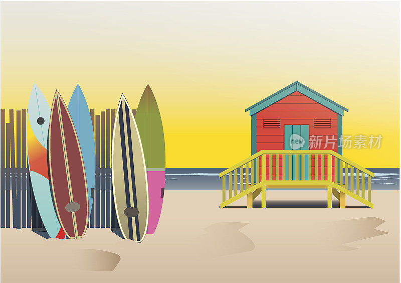 夏日海滩小屋和冲浪板
