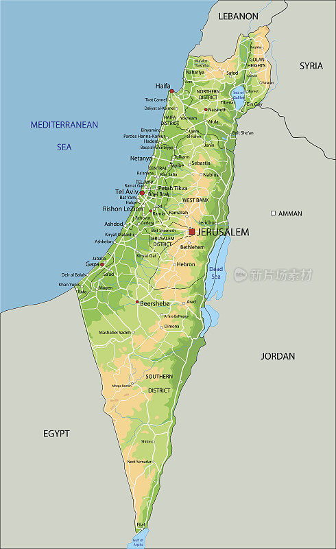 高详细的以色列物理地图与标签。
