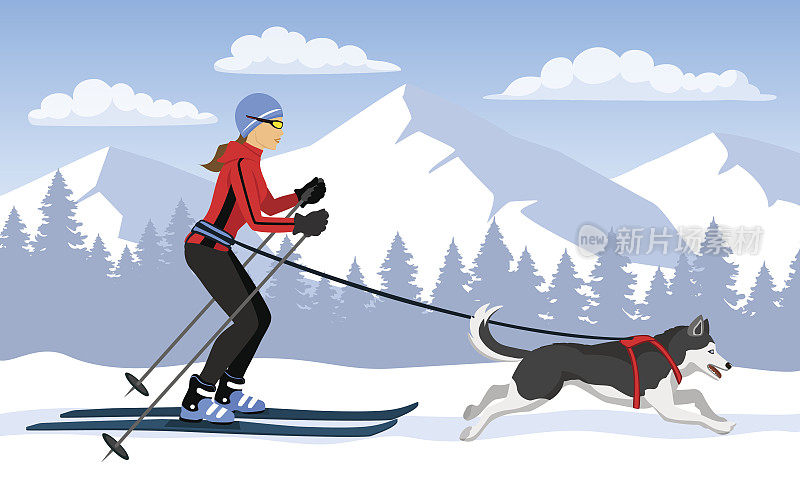 一个女人和她的狗滑雪