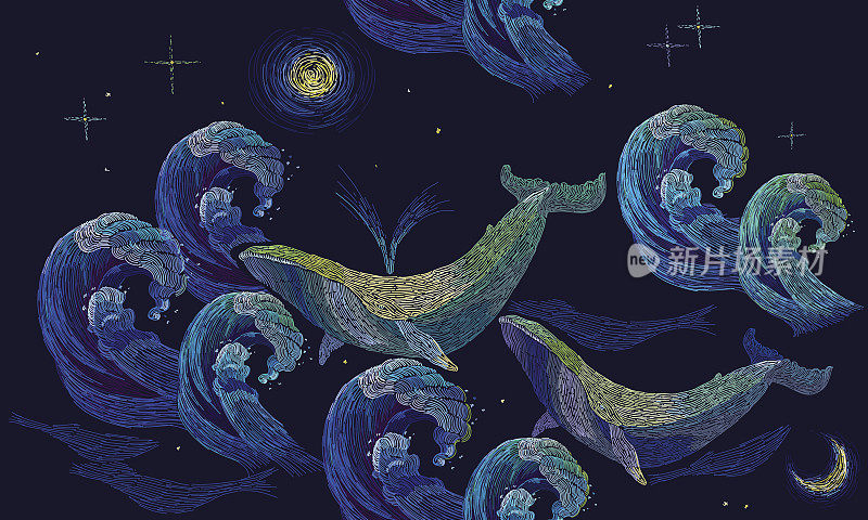 刺绣鲸鱼无缝图案。蓝鲸漂浮在夜晚的海面上。经典艺术刺绣，大浪大海和鲸鱼无缝图案。服装，纺织品，t恤设计的模板