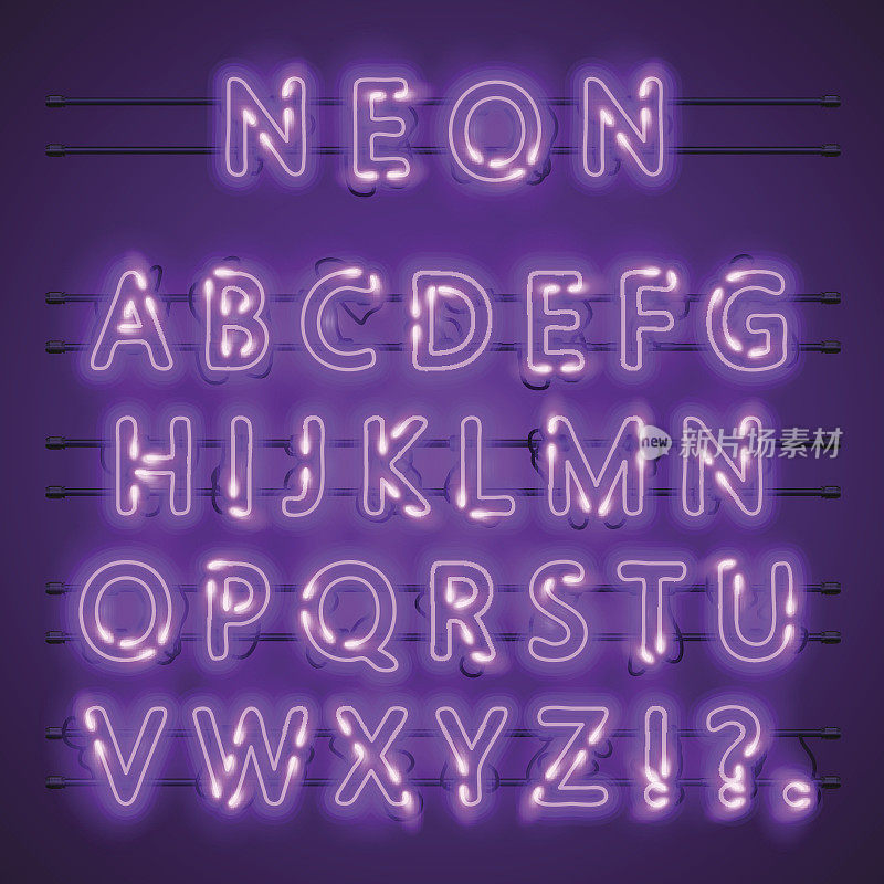 霓虹灯横幅文本。霓虹字体城市颜色紫色，字母字体。矢量图