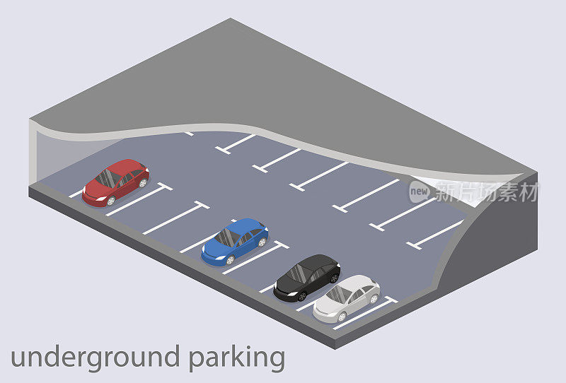 等距平面三维概念向量地下停车与汽车。