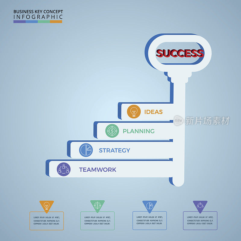 关键阶梯业务概念信息图模板。成功的关键。迈向成功的一步。可用于工作流布局，横幅，图表，网页设计。信息图模板