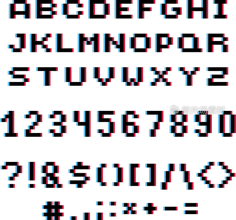 矢量现代数字，字母和标点符号创造的技术风格。几何像素数字和字体，3d点分8位数字从0到9。