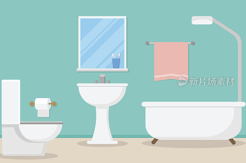 室内现代浴室设计。向量和插图