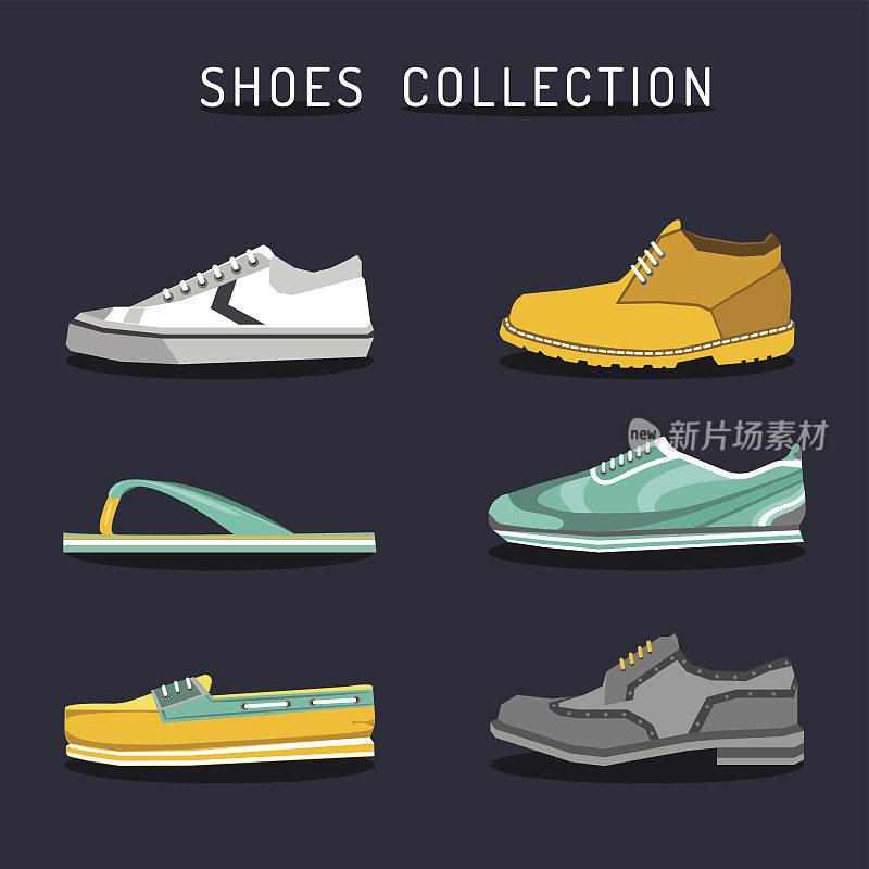 矢量设置不同的鞋子图标在平底风格。鞋图标集合。靴、鞋、鞋等插图。