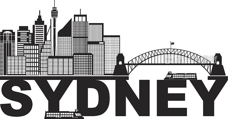 悉尼澳大利亚天际线文本轮廓黑色和白色插图