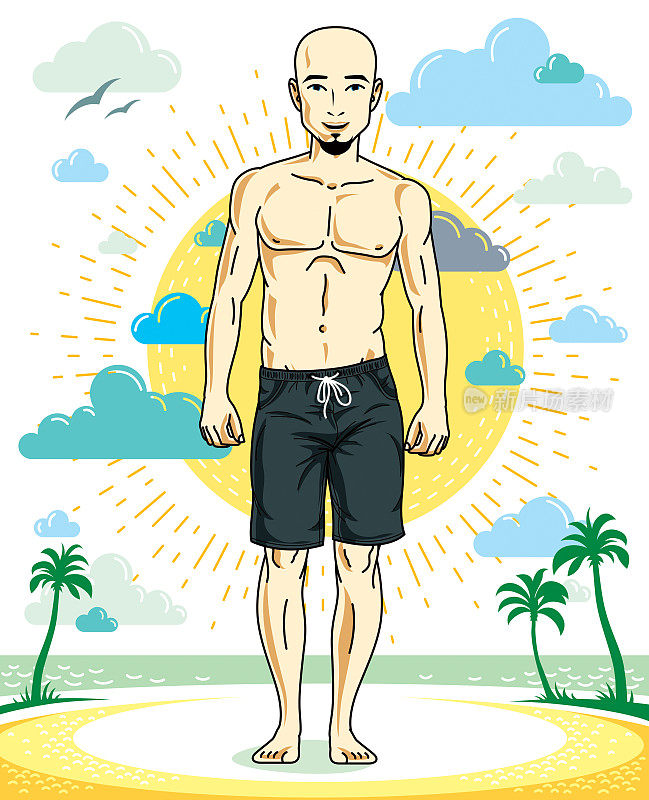 英俊的没有头发的年轻人，胡子站在热带海滩上，穿着明亮的短裤。矢量运动男性插图。暑假生活方式主题卡通。