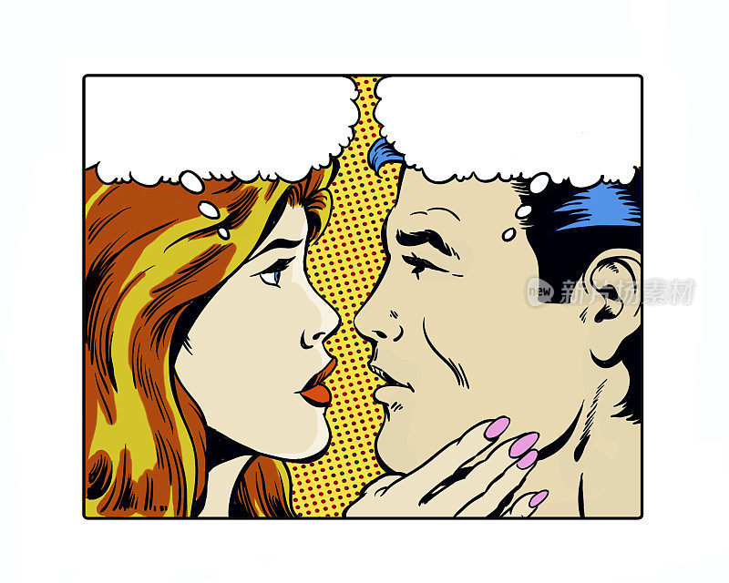 一对浪漫的夫妇凝视着对方的眼睛的漫画波普艺术插图