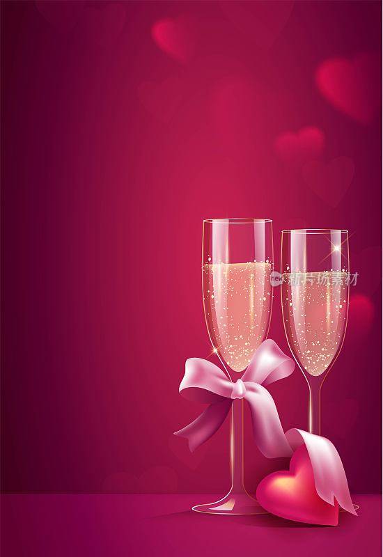 两杯香槟酒，粉红背景上系着粉红丝带。