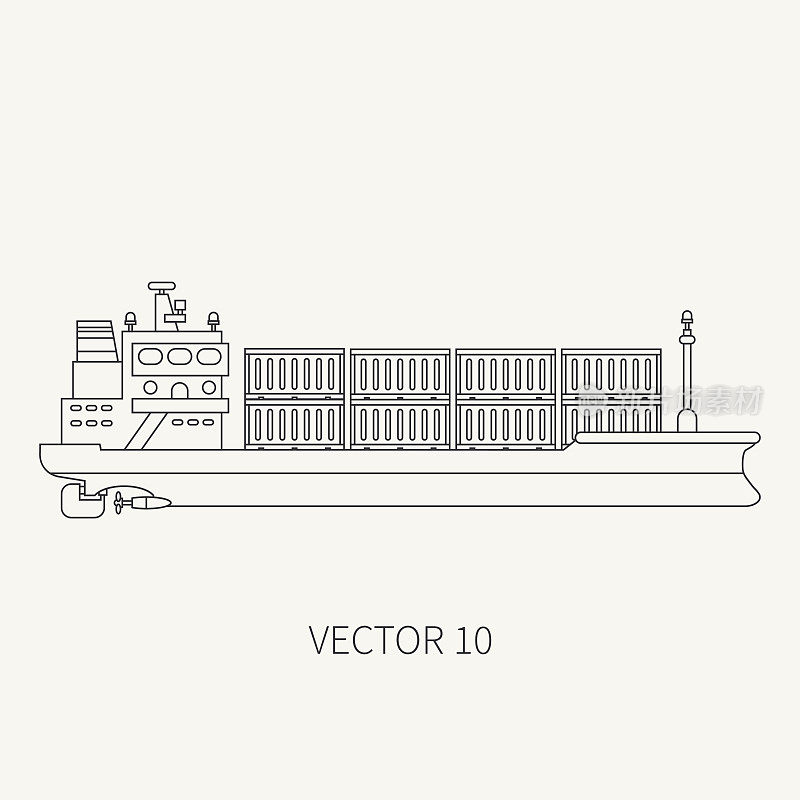 线平矢量复古图标集装箱货船。商船队。卡通的风格。海洋。海中。驳船。商业。交通工具。队长。帆。简单。插图和元素为您的设计。
