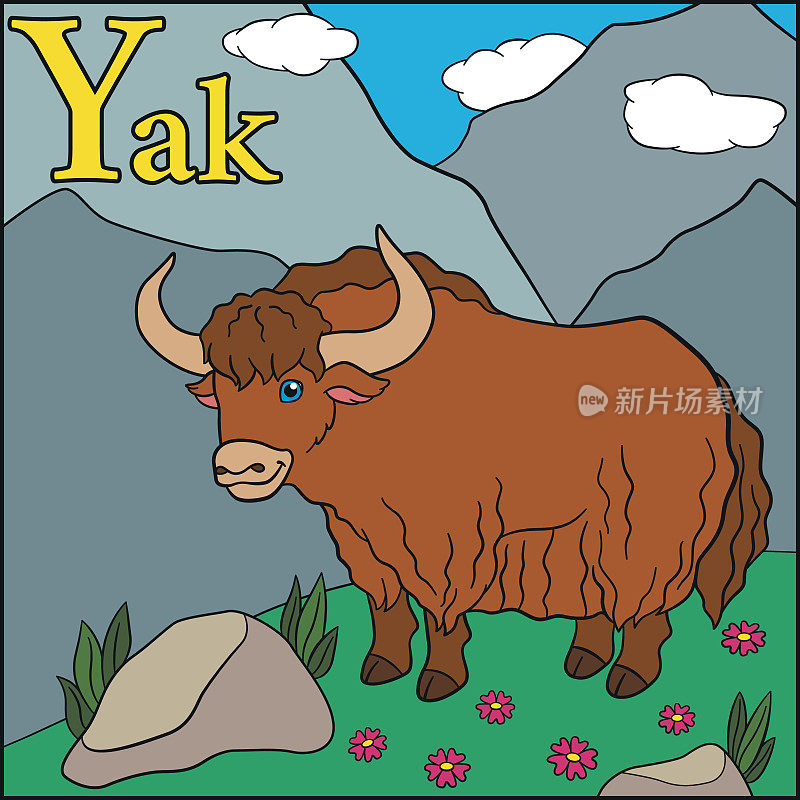 卡通动物字母表。Y是牦牛。