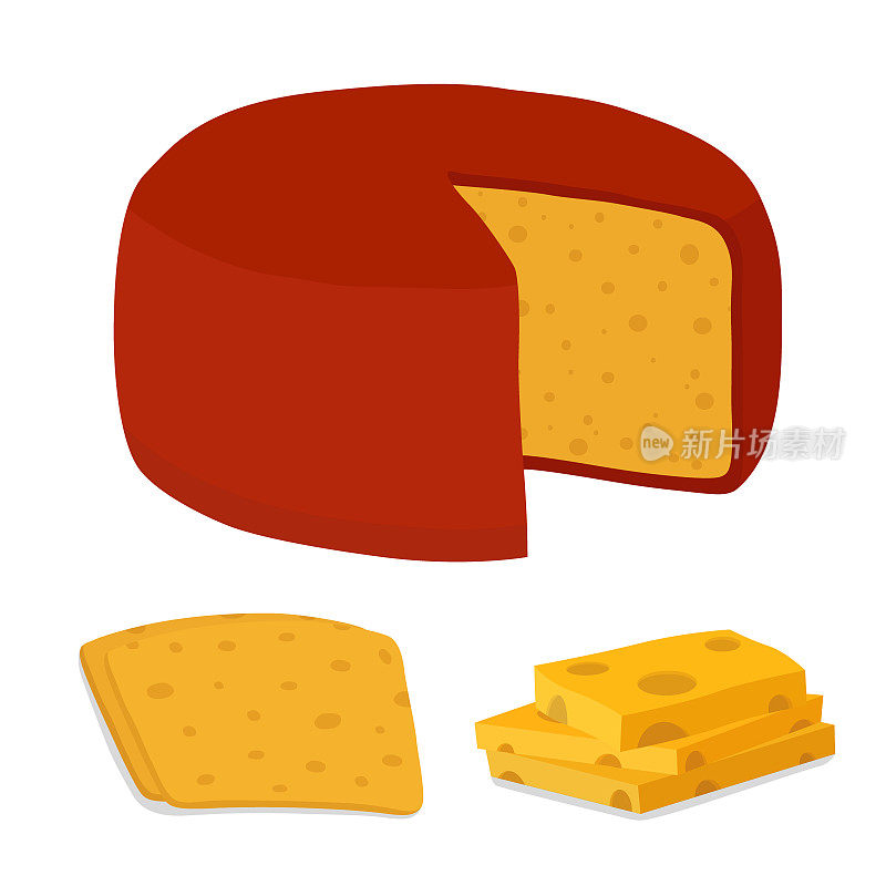 矢量豪达奶酪块，一块。片、块。卡通平的风格。