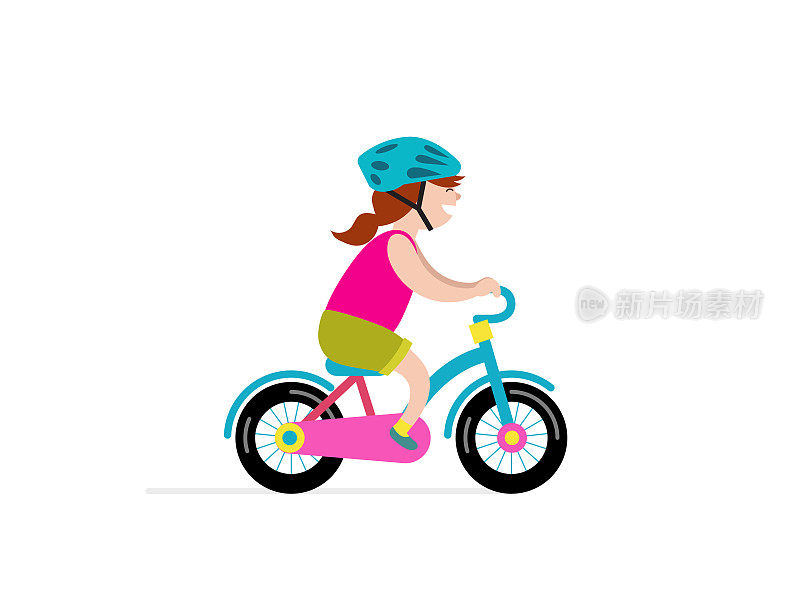 快乐的女孩骑着小自行车，矢量插画