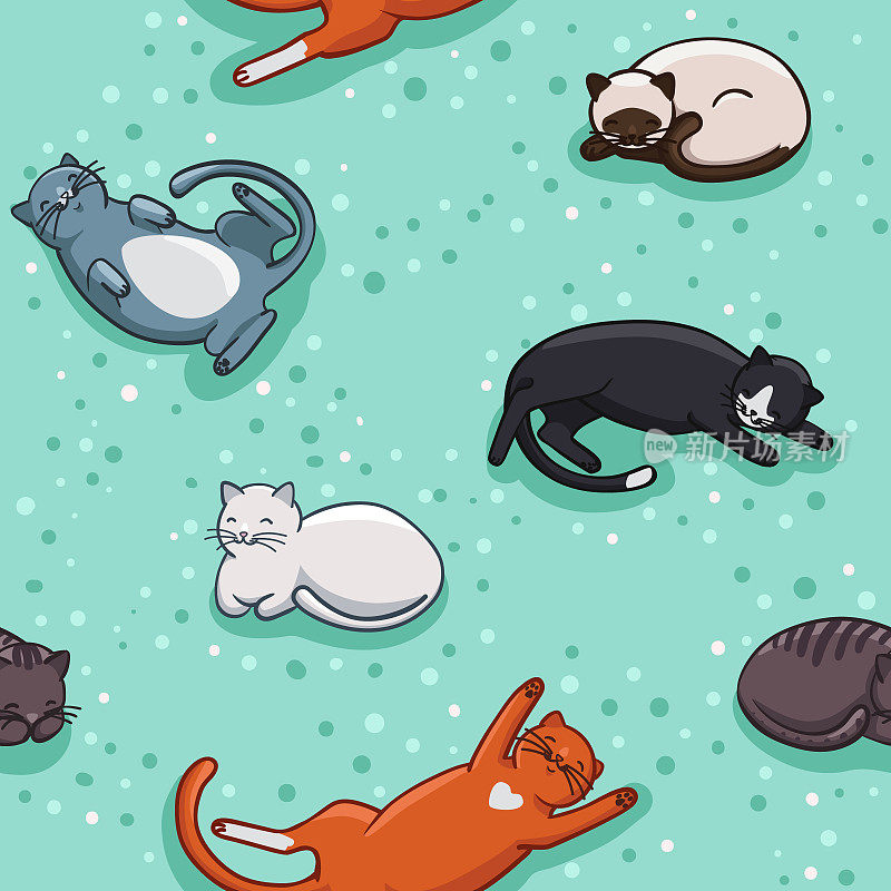 矢量无缝模式与各种不同姿势的卡通猫睡觉