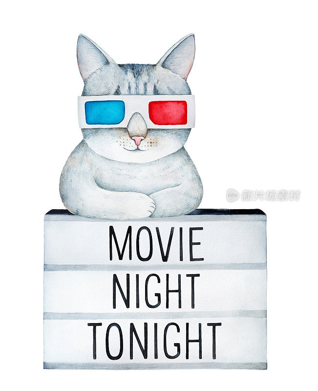 可爱的灰色虎斑猫戴着经典的纸板3D眼镜，躺在写有“今晚的电影之夜”的灯箱板上。