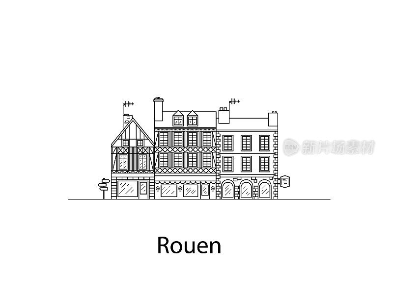 诺曼底城市，鲁昂。欧洲的房子。不同的尺寸和结构。欧洲的老房子平面矢量线