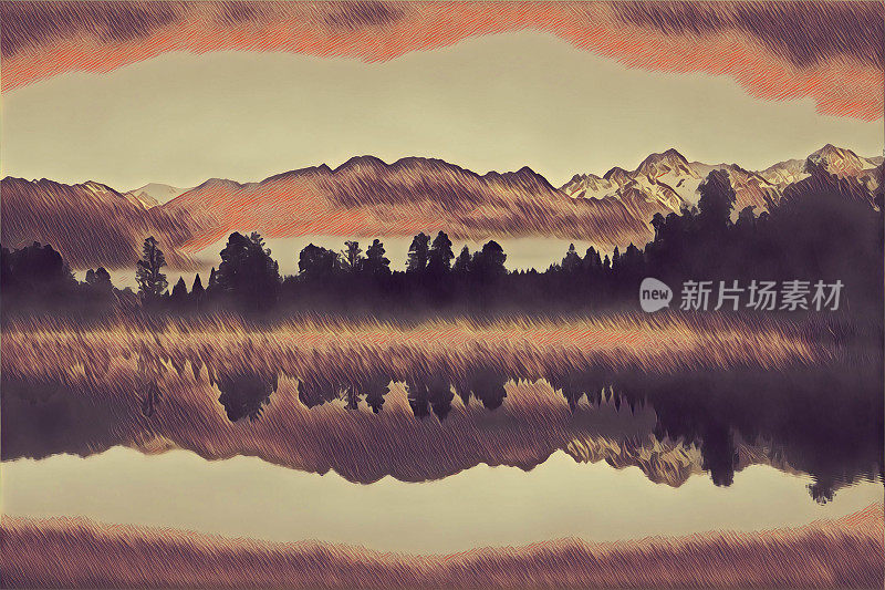 森林和山脉的剪影反映在湖-数字艺术品
