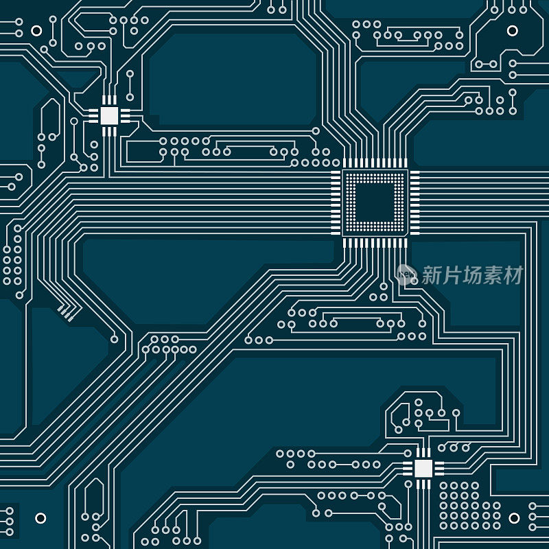 蓝色的电路板。概念高科技背景。PCB。矢量插图。