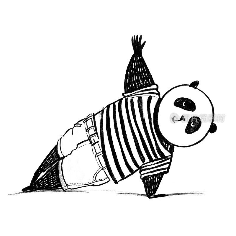 熊猫穿着t恤和牛仔裤站在滑板瑜伽姿势。黑白铅笔插图。手绘站立熊猫
