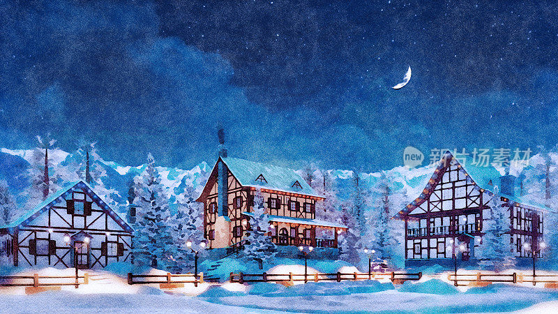 山城在雪夜的水彩画