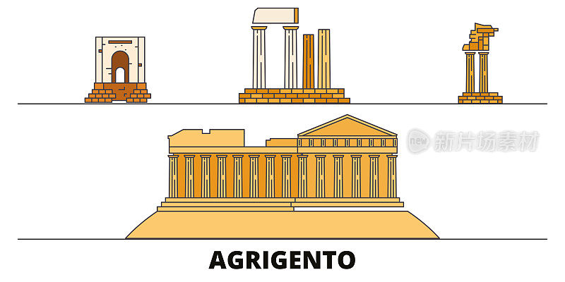 意大利阿格里根托平面地标矢量插图。意大利阿格里根托线城市拥有著名的旅游景点、天际线、设计。