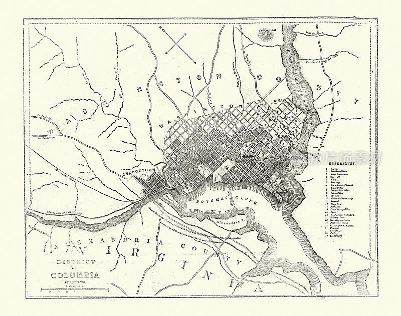 美国华盛顿特区地图，1861年19世纪
