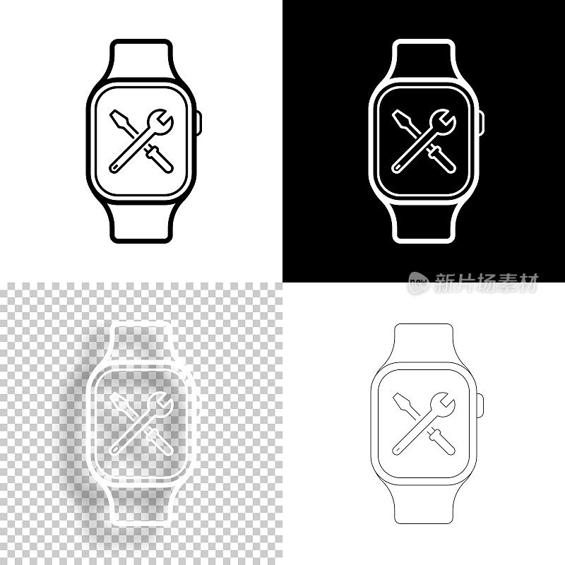 智能手表设置-工具。图标设计。空白，白色和黑色背景-线图标