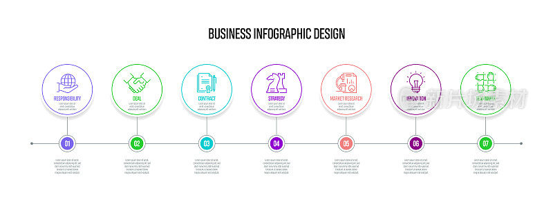 商业概念矢量线信息图形设计图标。7选项或步骤的介绍，横幅，工作流程布局，流程图等。