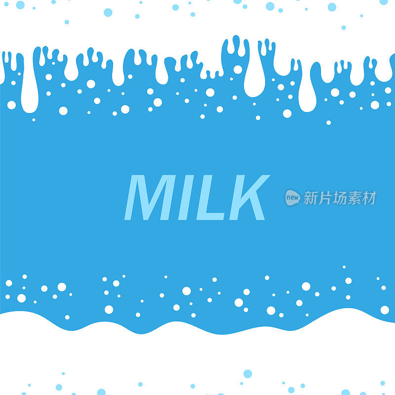 倒牛奶溅在蓝色背景上。白色乳脂液体滴。新鲜农场奶流饮料。极简海报