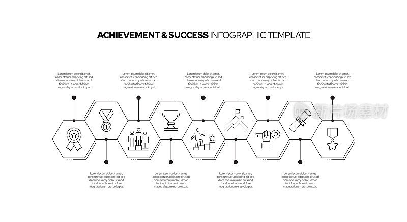 成就和成功概念矢量线信息图形设计图标。9选项或步骤的介绍，横幅，工作流程布局，流程图等。