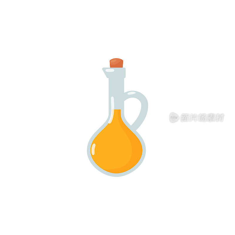 特级初榨橄榄油玻璃瓶。将植物油装在玻璃罐或小罐中，塞紧。卡通矢量插图。