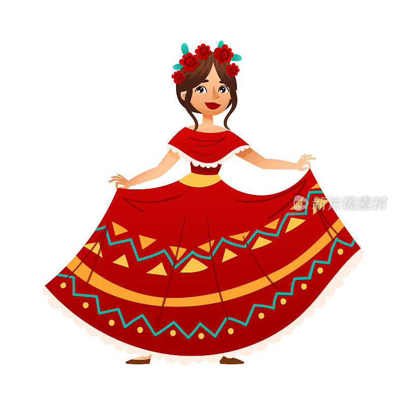 墨西哥女孩与花在她的头穿着传统的红色连衣裙跳舞卡通矢量插图