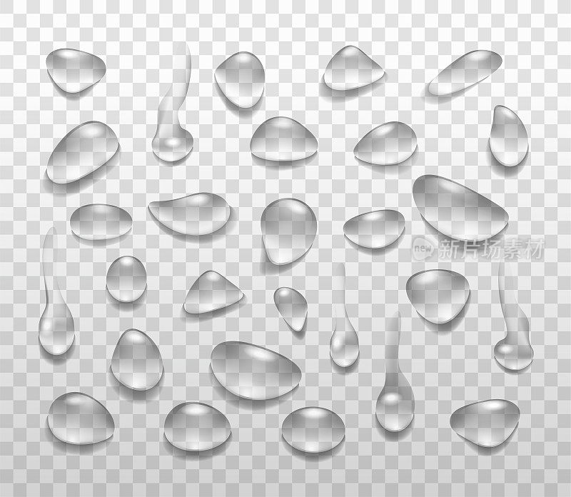 水滴在透明的背景上设置不同的形状。逼真的向量与玻璃球，雨滴，凝结。