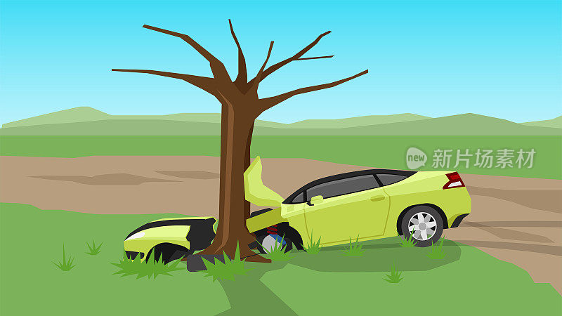 黄色跑车行驶在土路和绿色草地上。出了车祸，倒在了路边，撞到了车前面的一棵树上。