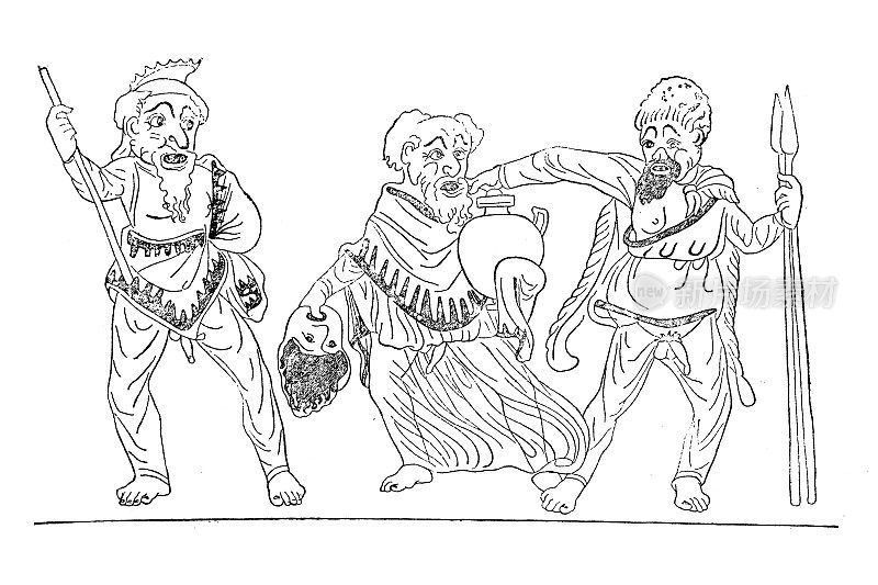 对“安提戈涅”的滑稽模仿的古董描绘，场景与小丑花瓶画