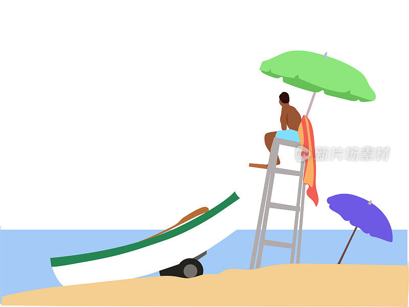 海滩上的救生员椅绿色雨伞