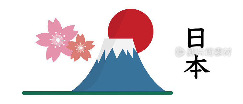富士山，日本的升起的太阳和樱花。