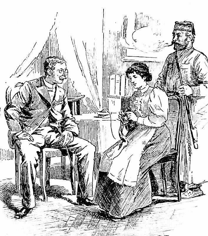 家庭作业,女人在编织,和身边的两个男人聊天