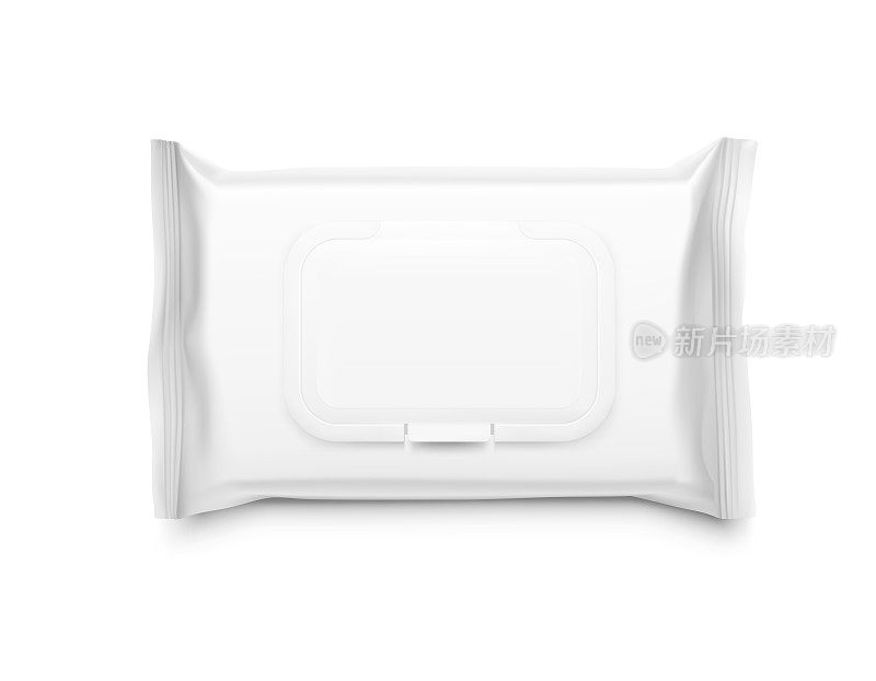 超逼真的湿巾流动包模型孤立在白色背景上。