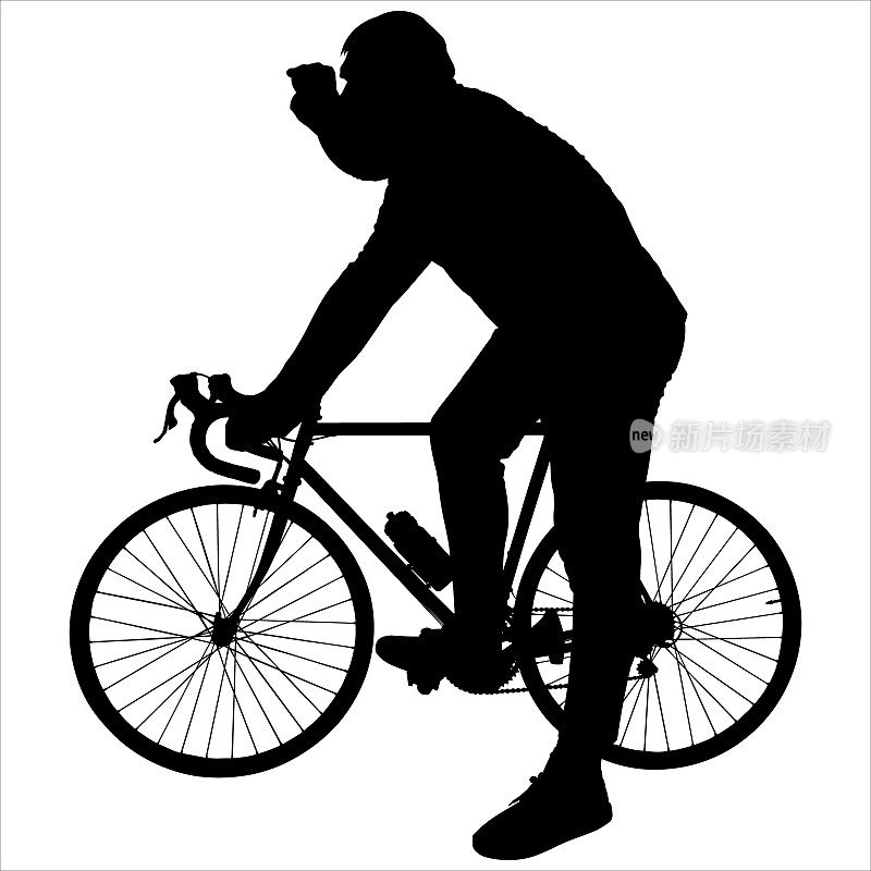 骑自行车的人。那个人骑着自行车停了下来;一只手握住方向盘，另一只手将目光聚焦前方;同行领先。黑色男性轮廓孤立于白色之上